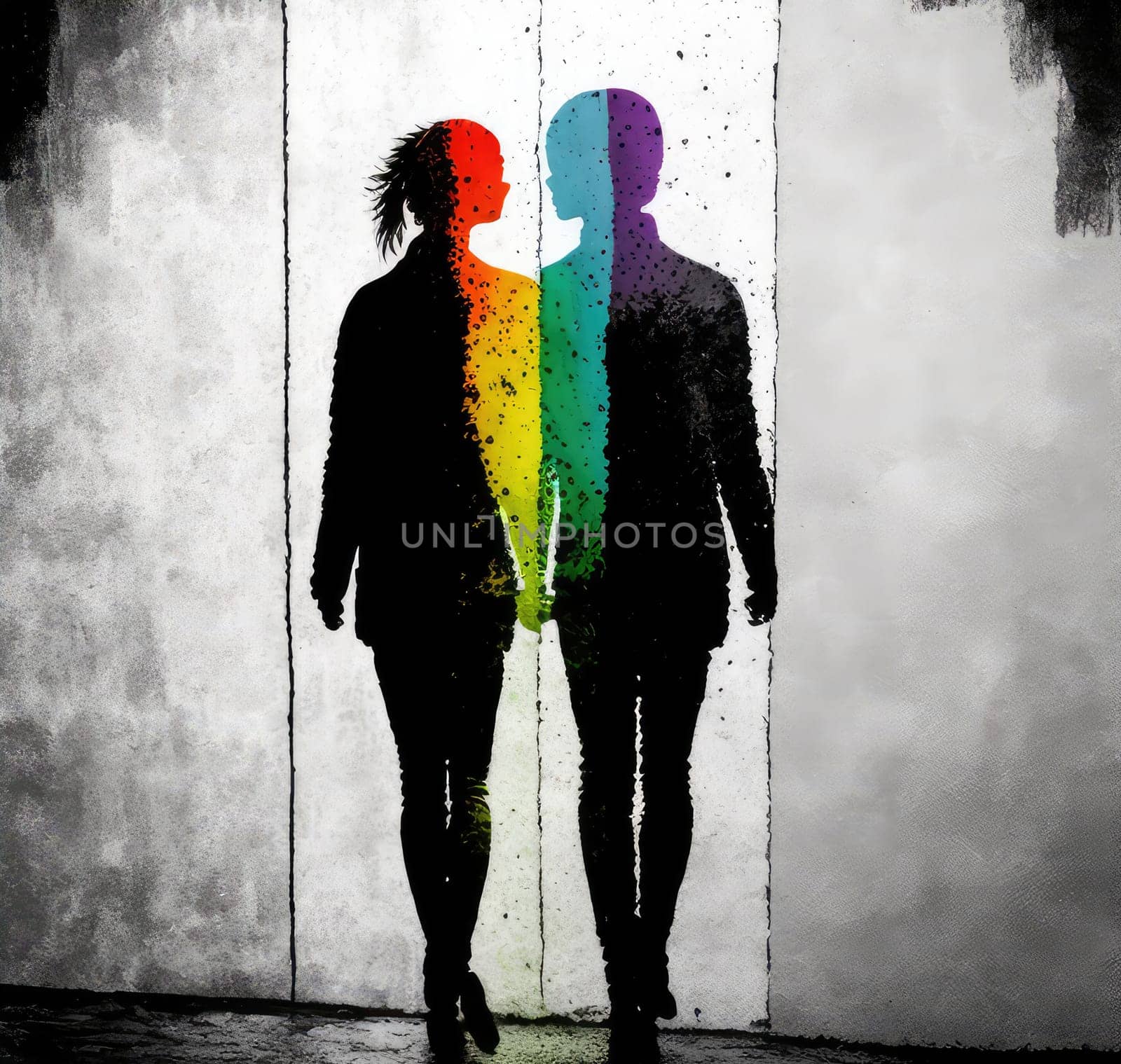 Black silhouettes with LGBTQ colors on grunge wall. Generative AI drawing