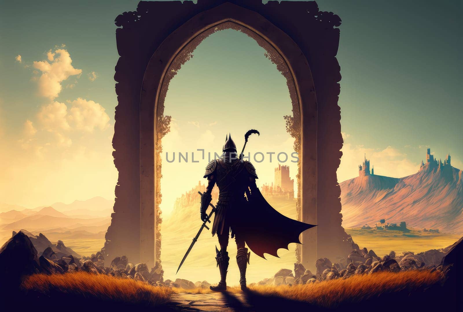 Fantasy landscape with warrior. Generative AI drawing