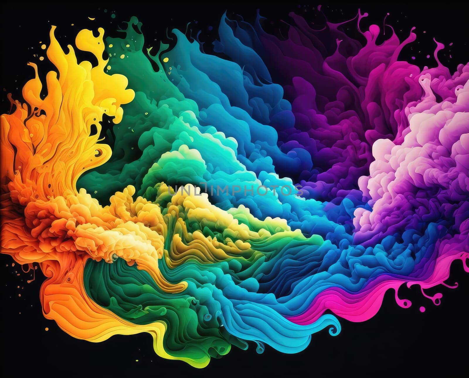 Rainbow liquid paints on black background. Generative AI drawing
