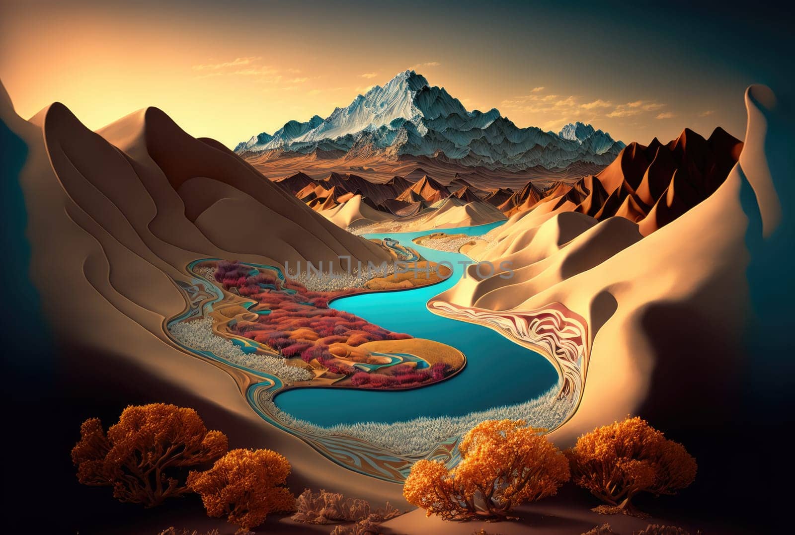 Abstract concept landscape, silk and paper material style.. Generative AI design