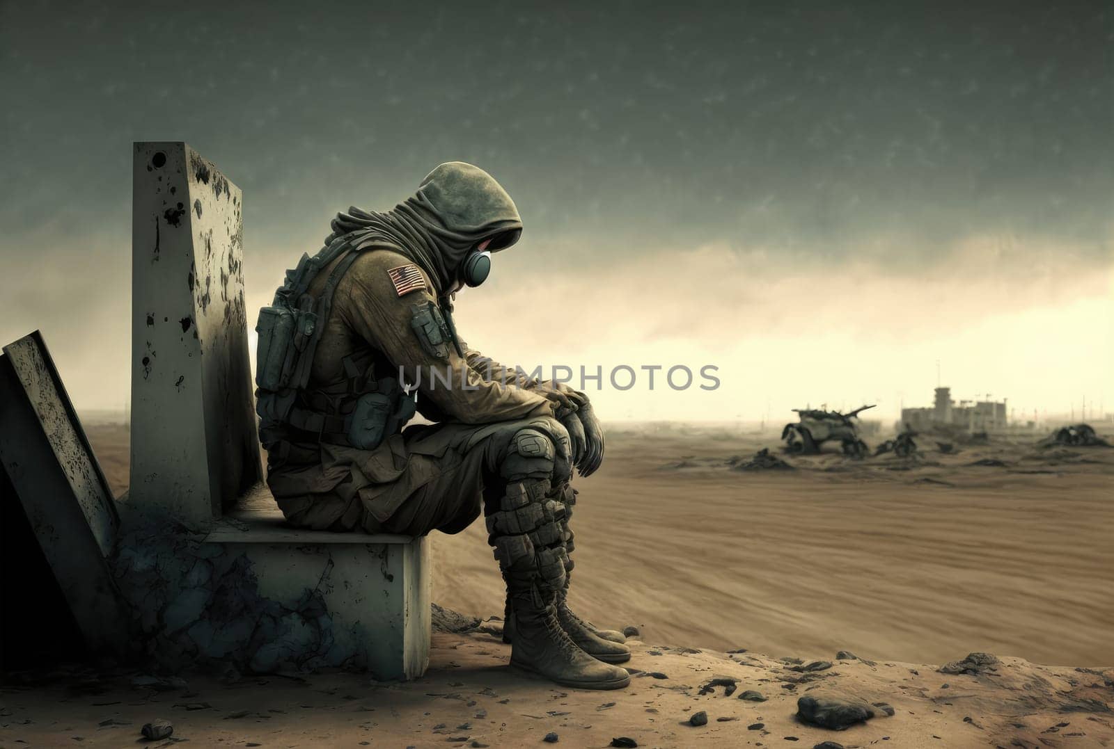 Soldier on apocalyptic landscape. Generative AI design