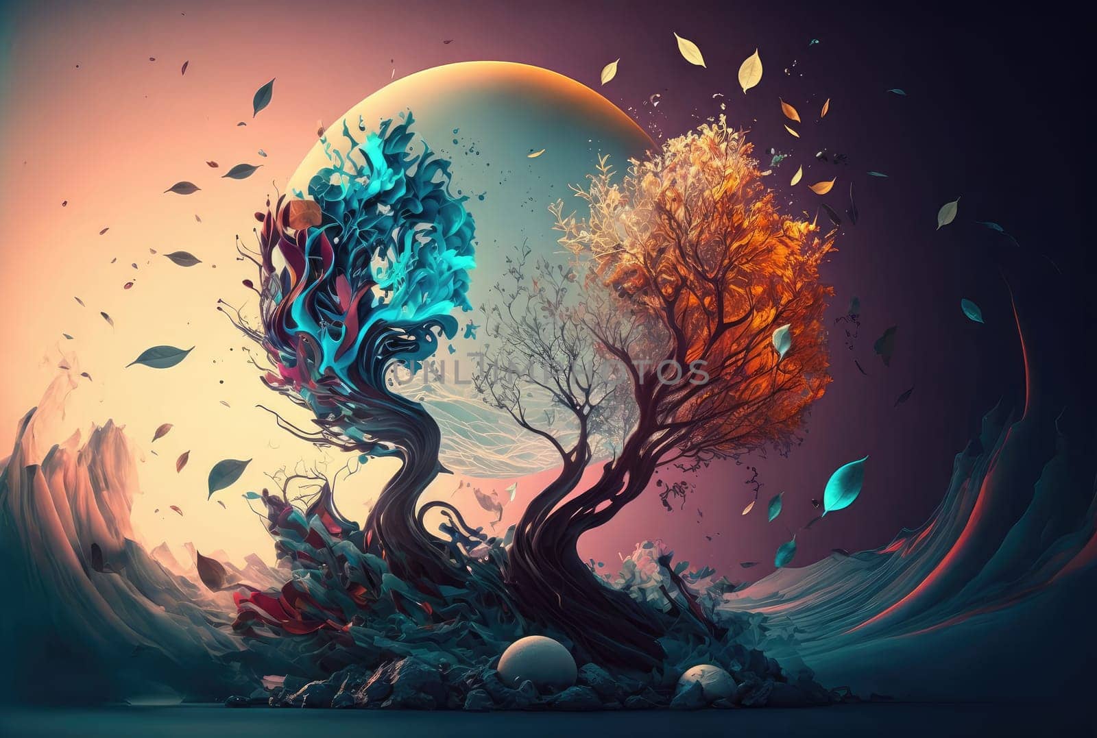 Two elements, flame and water, in the form of a tree. Generative AI design