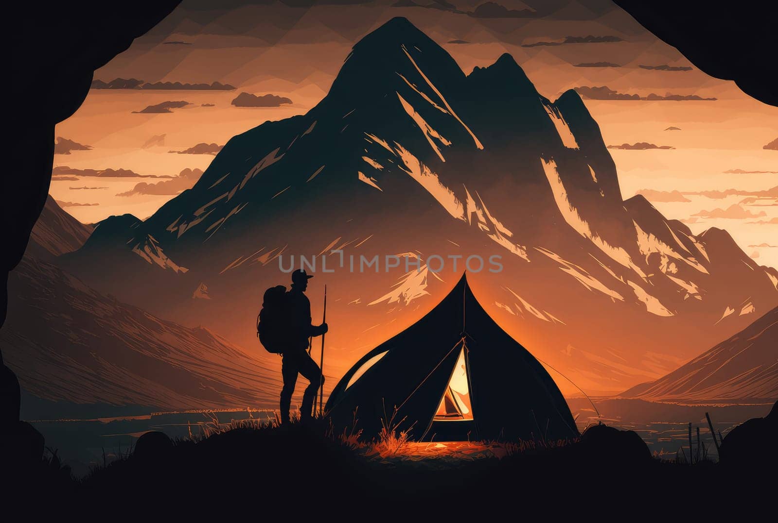 Man with tourist backpack, tent and mountains abstract flat background. Generative AI design