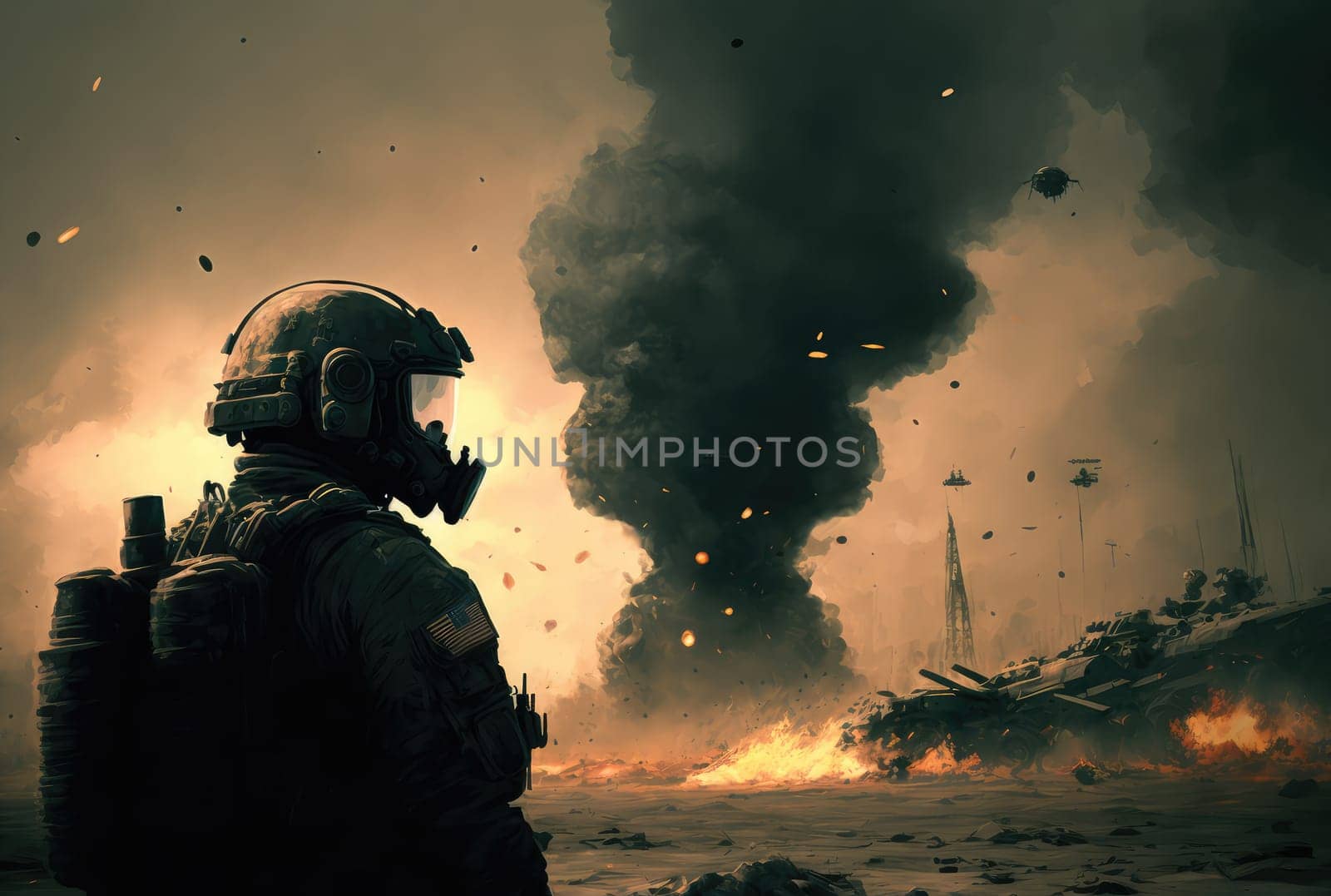 Soldier on the background of explosion. Generative AI design