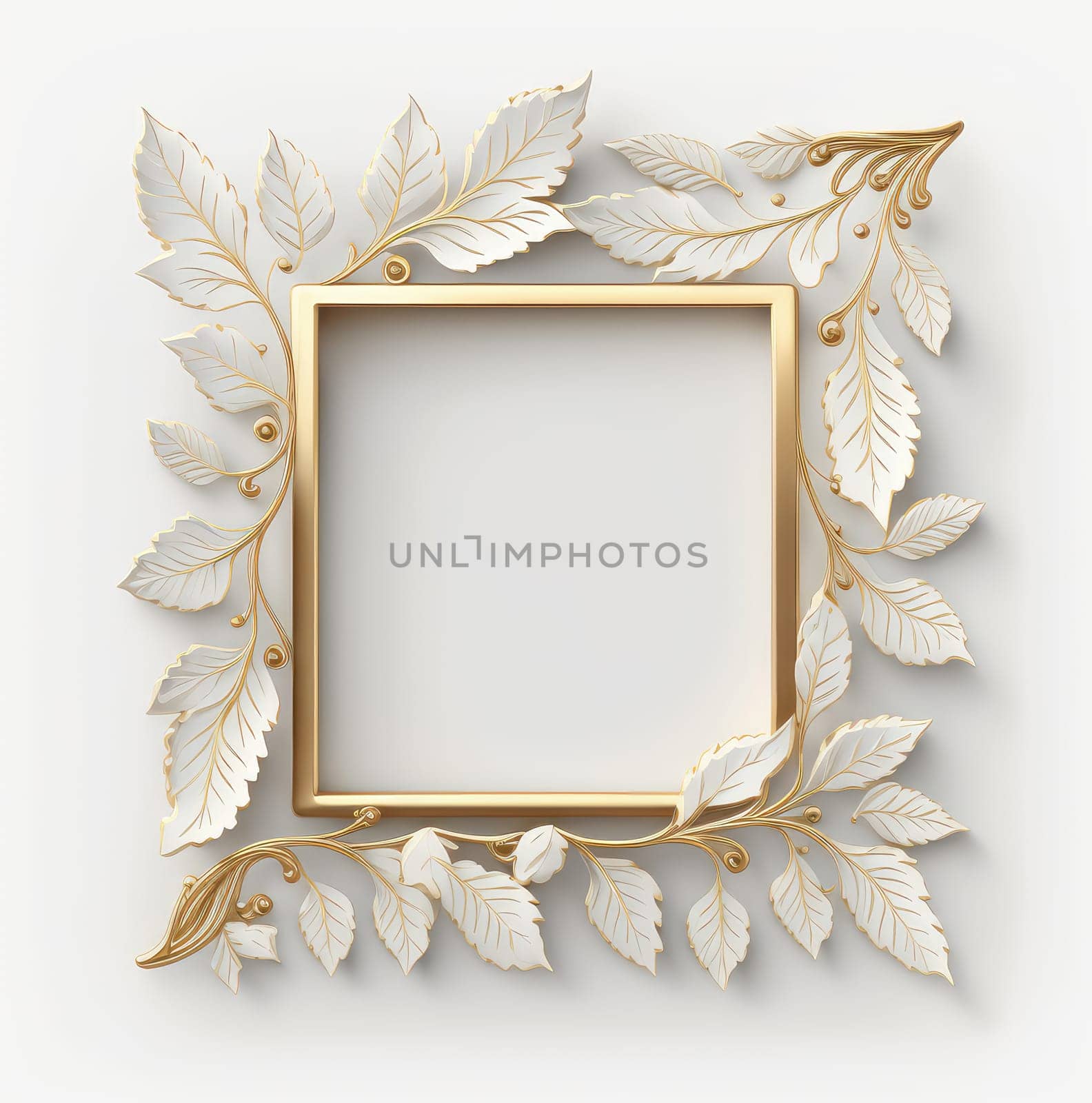 Golden square frame with white leaves. Generative AI design