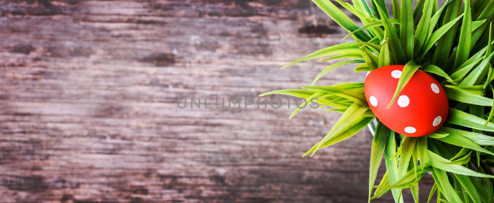 Top view of red easter egg in grass nest on vintage wooden background. Easter holiday layout design.