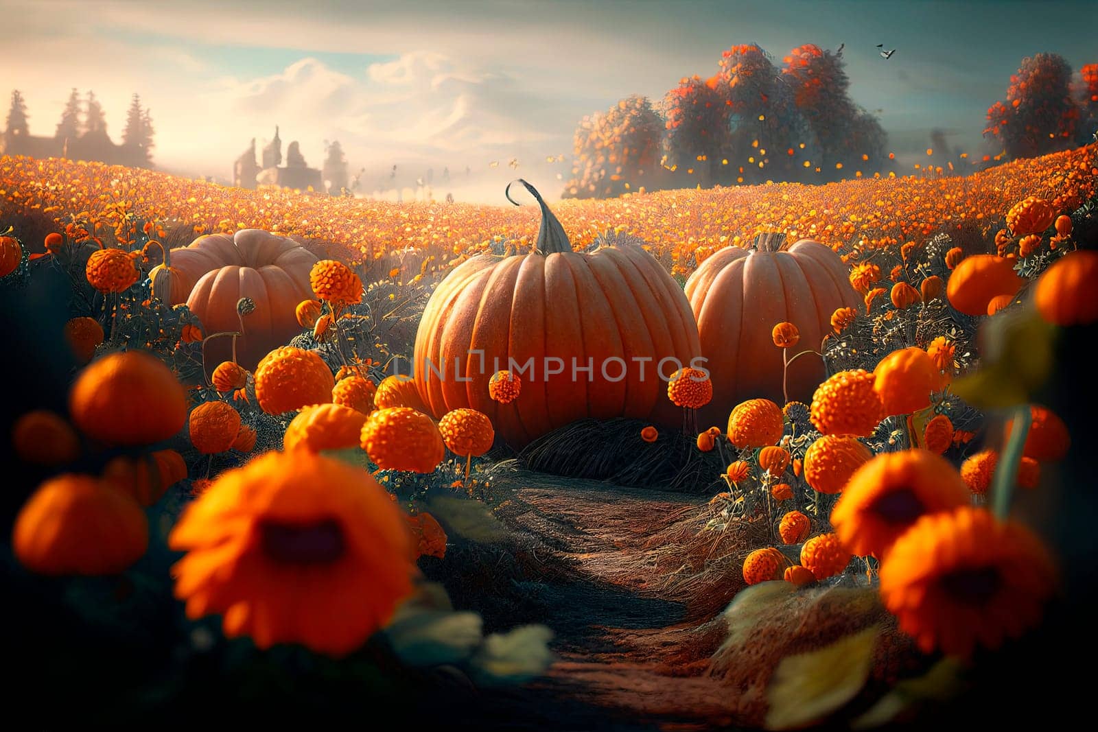 Thanksgiving pumpkins in countryside field with sunflowers. Fantasy landscape with colorful harvest pumpkin crop. Holiday autumn magic scene background.