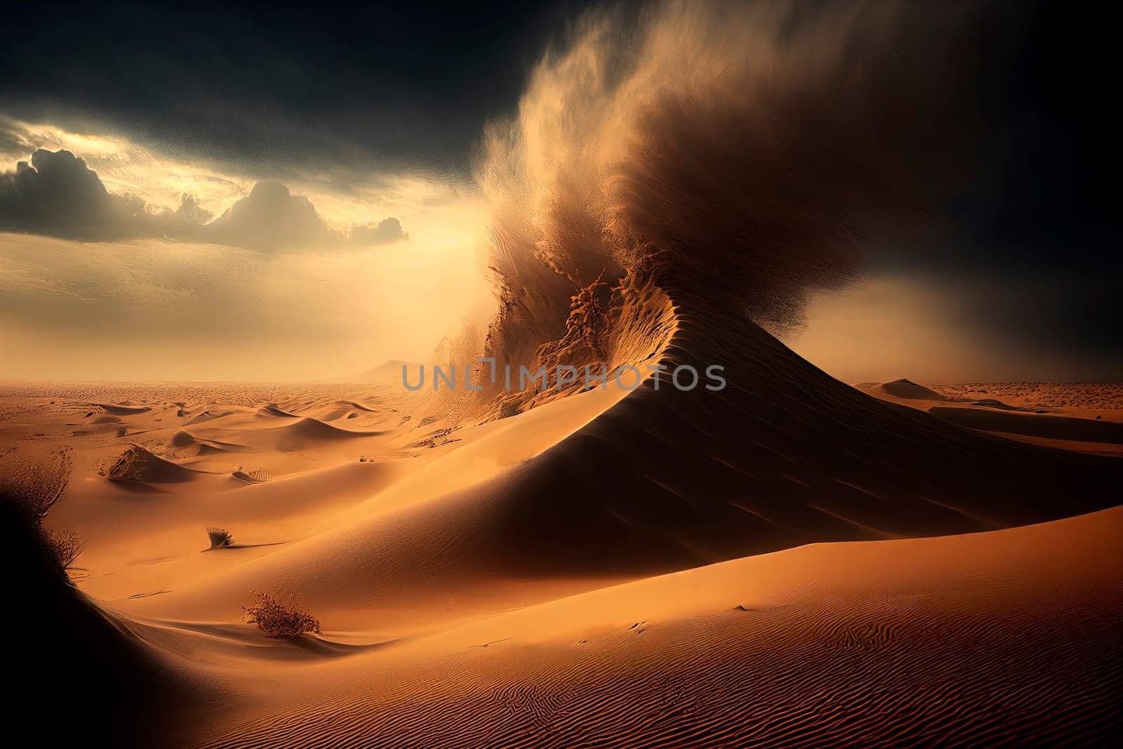 Surreal desert landscape with sandstorm and dust clouds. Abstract fantasy background.