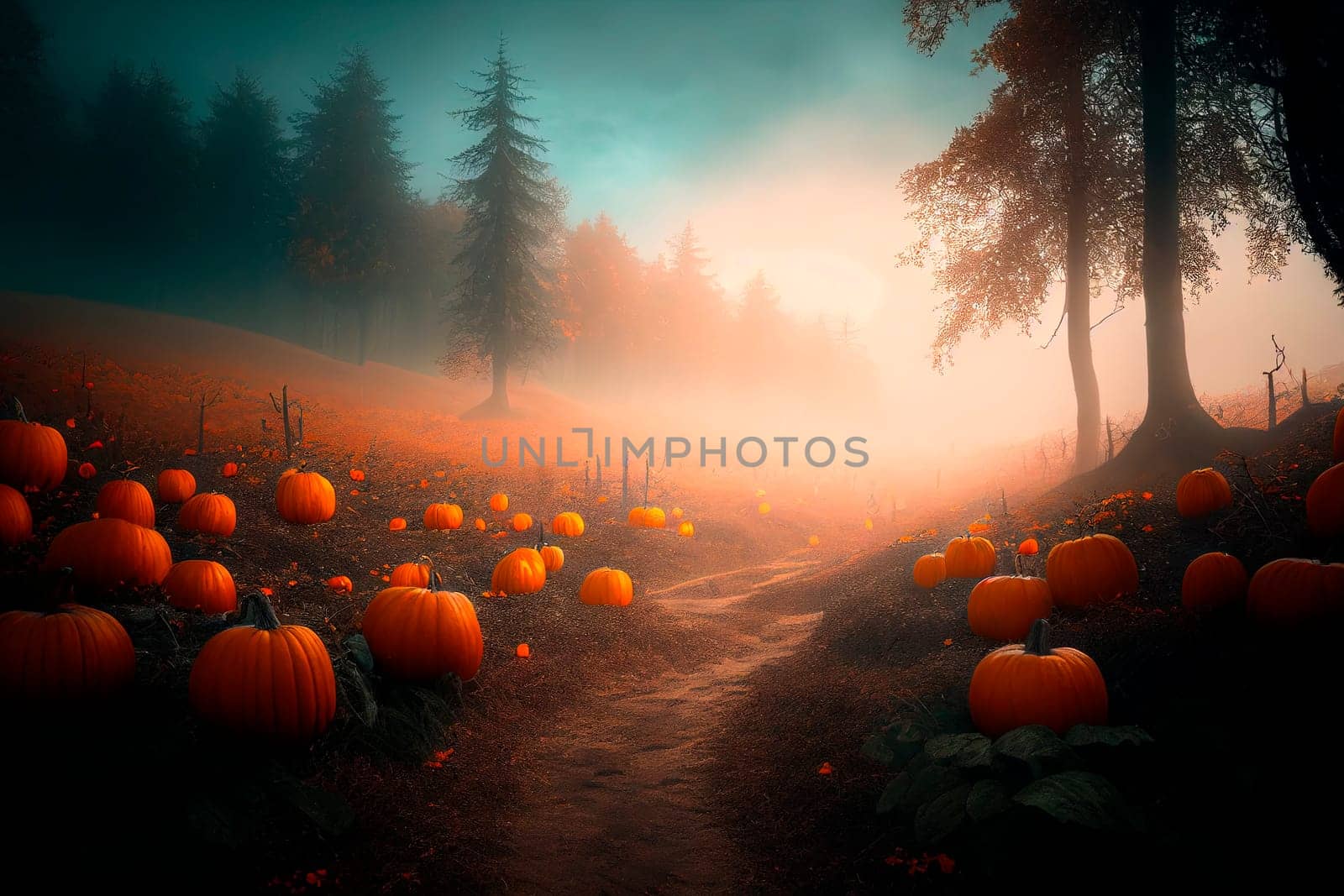 Halloween pumpkin in dark forest with haze. Scary wood on halloween night. Autumn season fine art wallpaper background.
