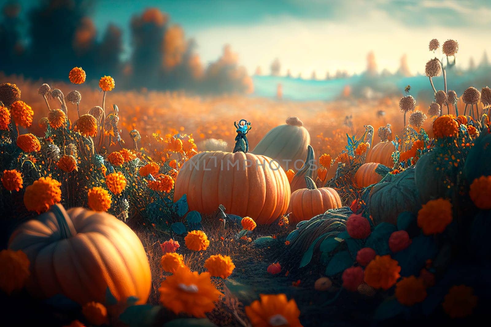 Thanksgiving pumpkins in countryside flower field. Fantasy landscape with colorful harvest pumpkin crop. Holiday autumn magic scene background.