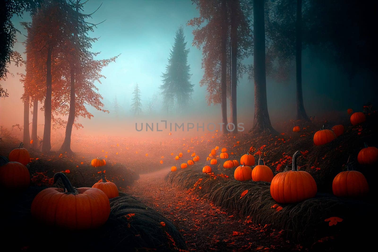 Halloween pumpkin in dark forest with haze. Scary wood on halloween night. Autumn season fine art wallpaper background.