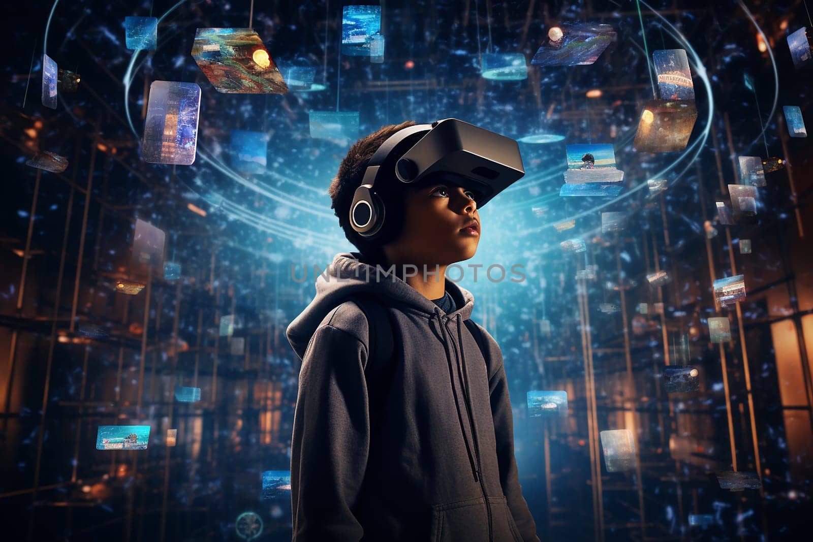 A portrait of a schoolboy in a virtual reality headset is located in the virtual space of the metaverse with formulas, signs and images. The concept of learning, games and futuristic entertainment.