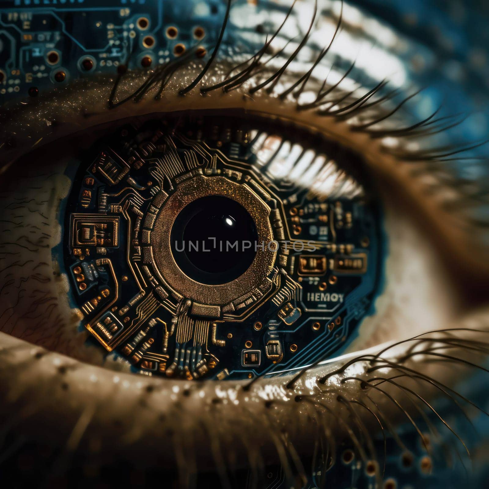 microchip in the pupil of the eye, artificial intelligence, electronic eye concept, global surveillance technologies, security of computer systems and networks. Generative AI