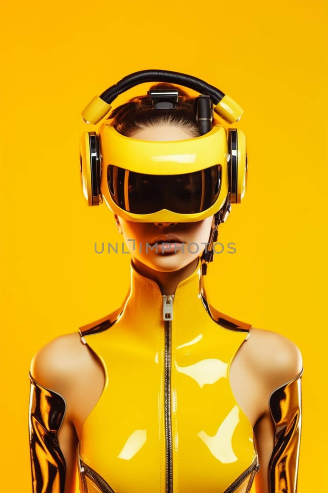 A beautiful athletic girl with a VR  glasses and a yellow latex suit , immersed in virtual reality and using augmented reality technology.