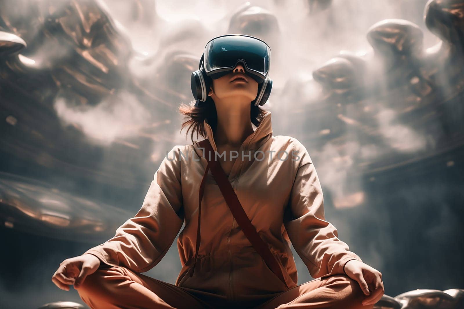 Portrait of a young woman in a virtual reality headset is in the virtual space of the metaverse. The concept of learning, games and futuristic entertainment.