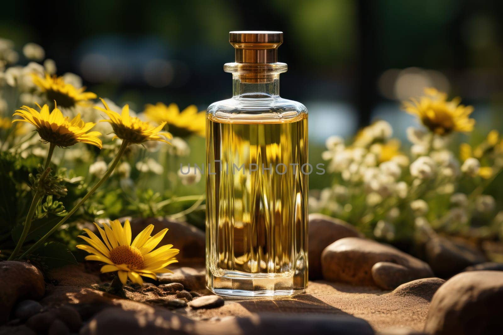 sunflower oil in glass bottles among sunflower flowers, close-up with space for text.exclusive premium sunflower oil