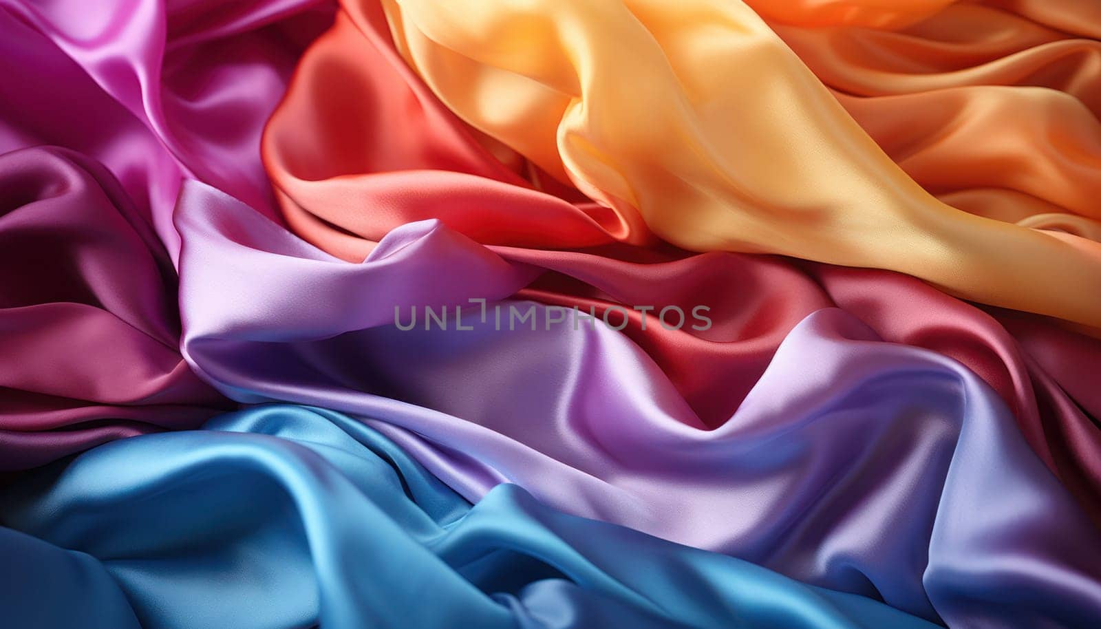 draped Natural blue, yellow, orange and pink satin fabric as background texture.