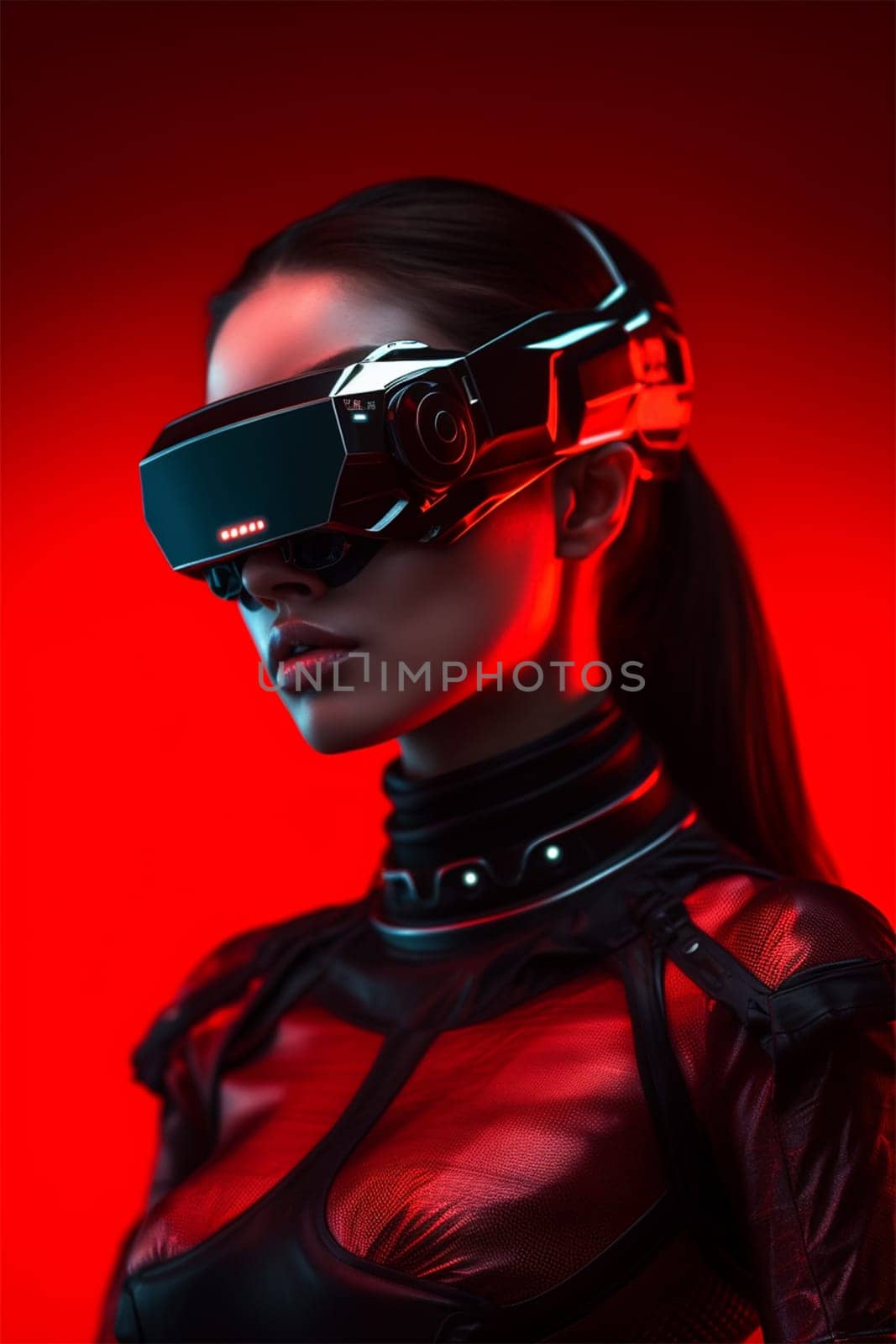 A beautiful athletic girl with a VR glasses and a red latex suit, immersed in virtual reality and using augmented reality technology.