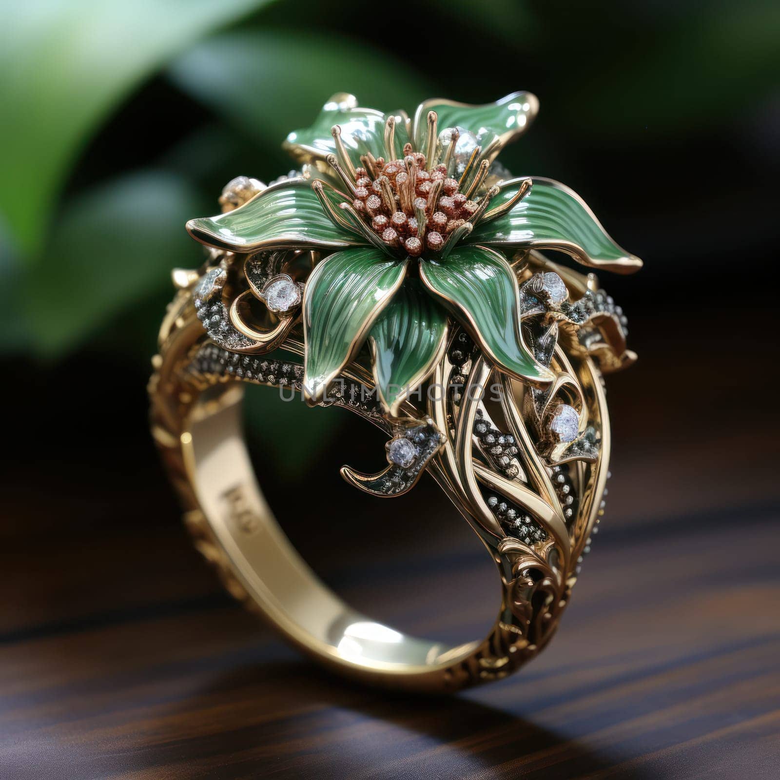 wedding gold ring decorated with lily on a natural background of nature.jewelry