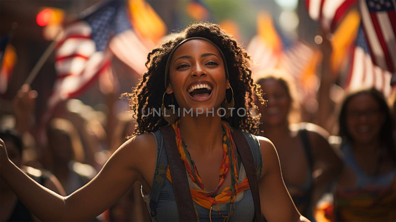 portrait of people at the Parade. demonstrators wave American flags and walk along the avenue during the parade.