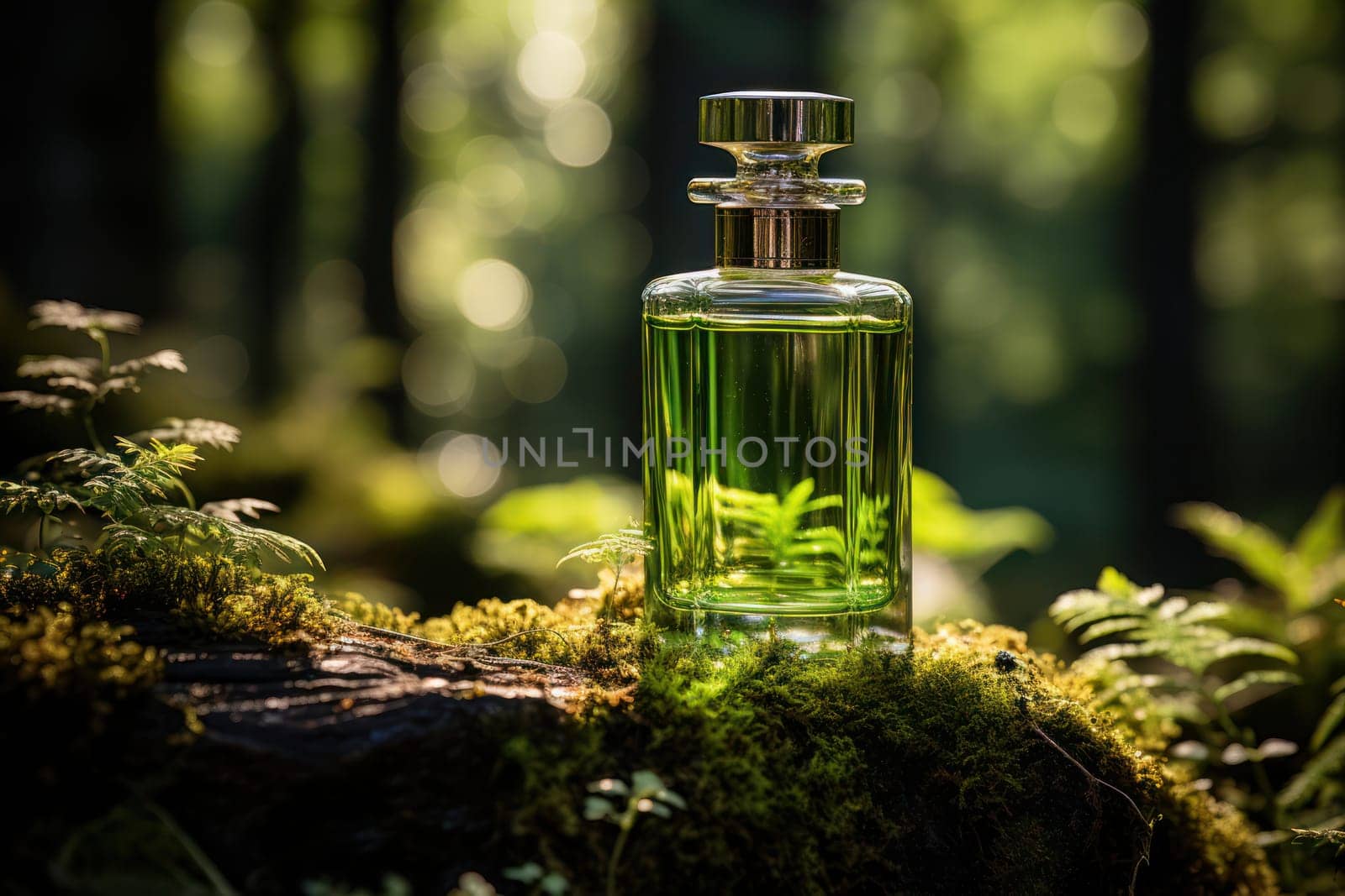 glass bottle with green liquid on moss-covered stones against the background of nature and forest.