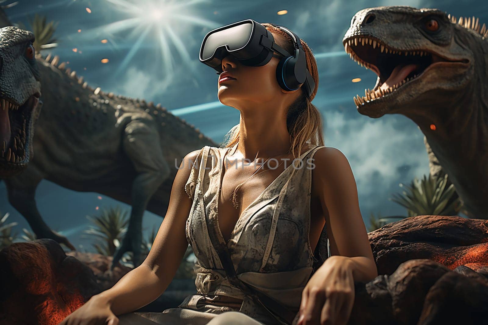 A portrait of a young woman in a virtual reality headset is in the virtual space of the metaverse studying the history of the planet. The concept of learning, games and futuristic entertainment.