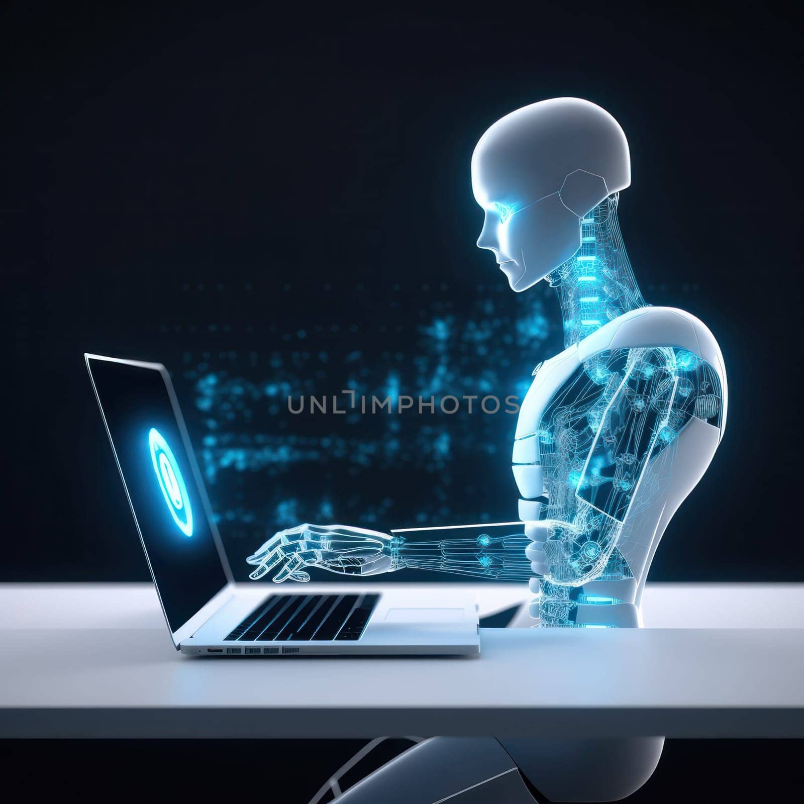 android work in the virtual world. Internet. artificial intelligence. human replacement by a robot. access to the virtual world. generative AI