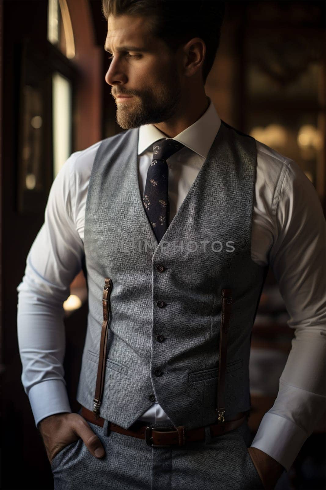 Portrait of the groom. The groom is preparing to meet his soulmate. Photo session of a young businessman.