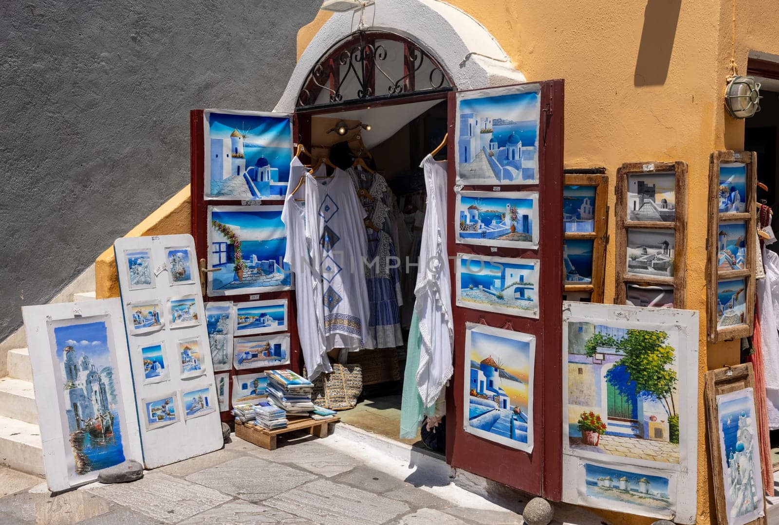 Oia, Santorini, Greece - July 3, 2021: Souvenir shop display for tourists in Oia, Santorini  Island, Greece.