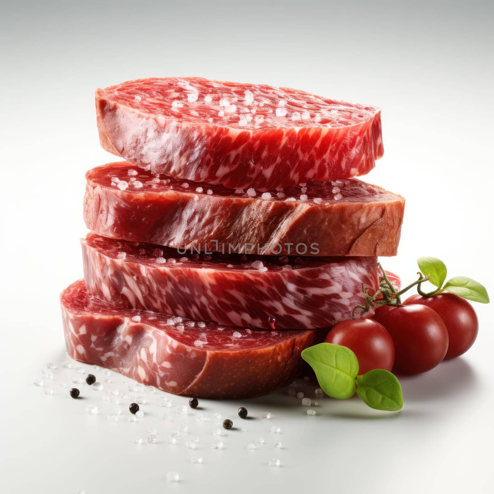 slices of Beef jerky meatwith sprigs of greens on a light background