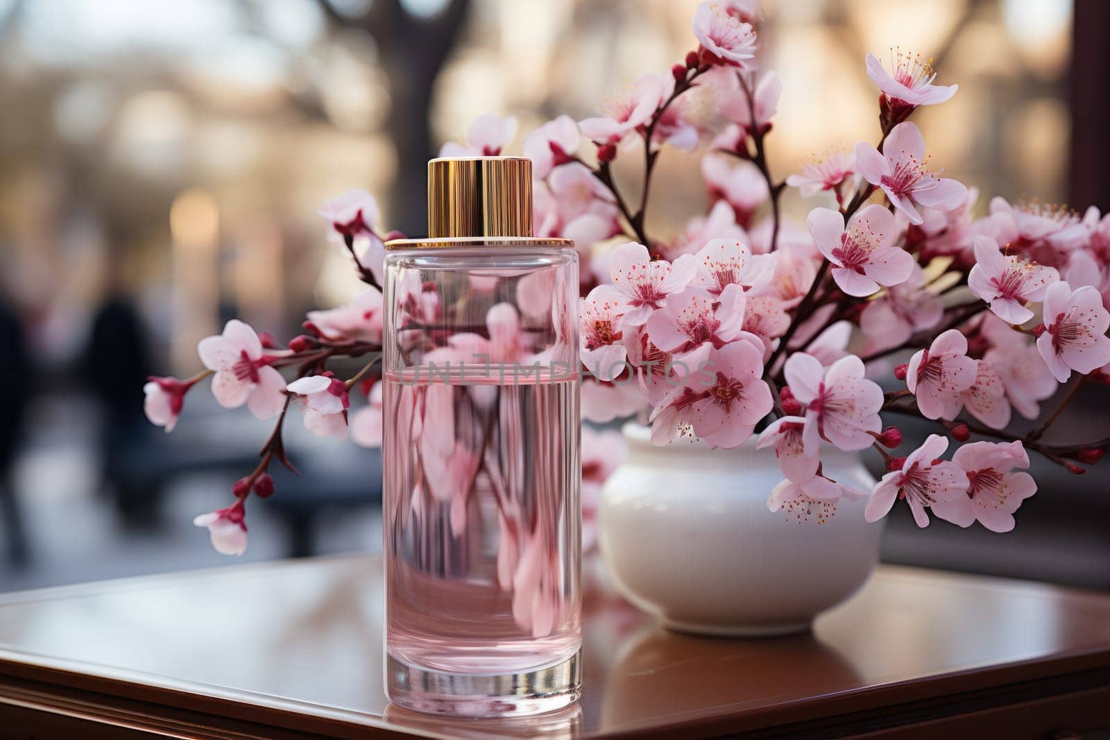 container for cosmetics on the background of cherry tree branches.
