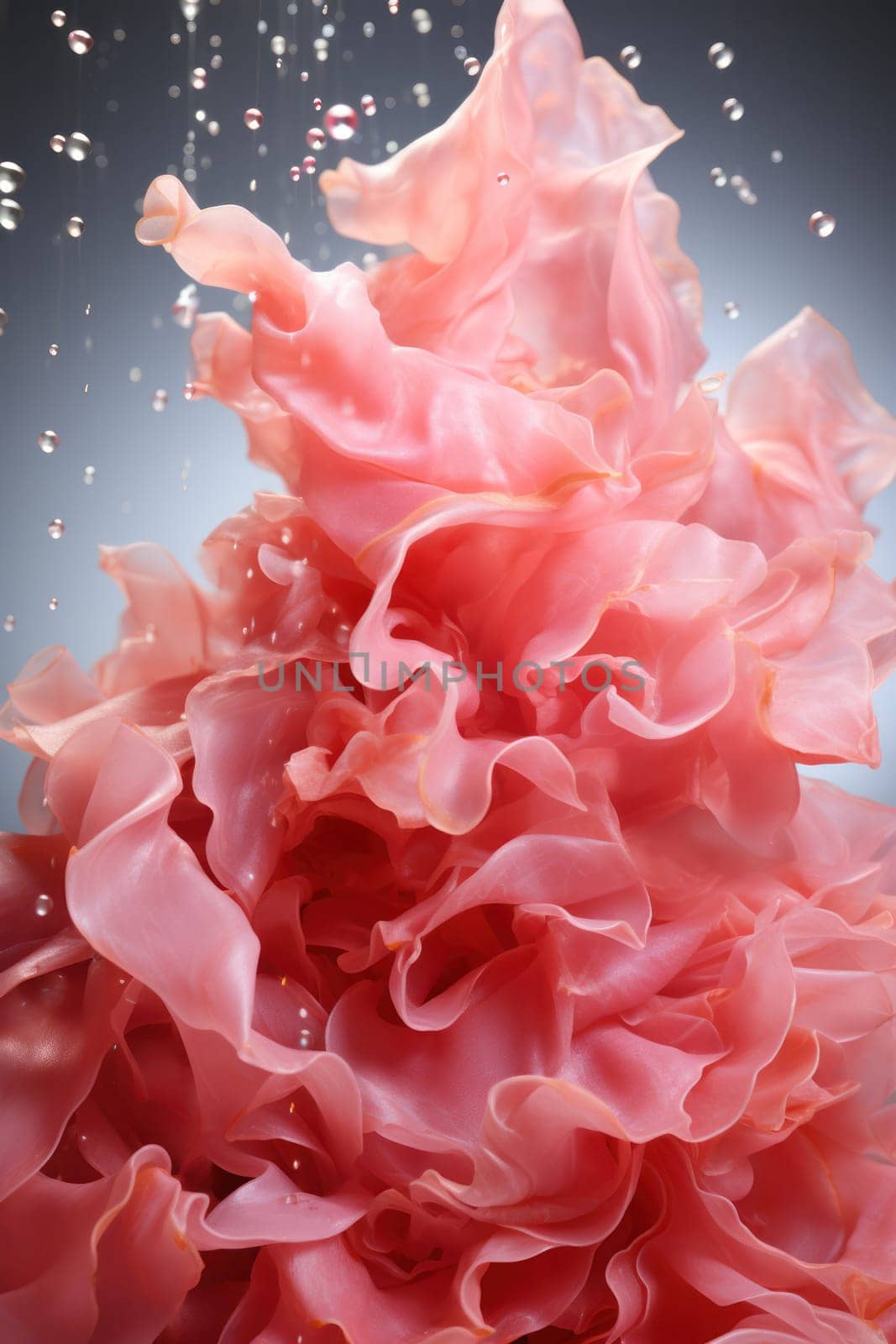 thinly sliced pieces of pickled pink ginger, levitated on a dark background.