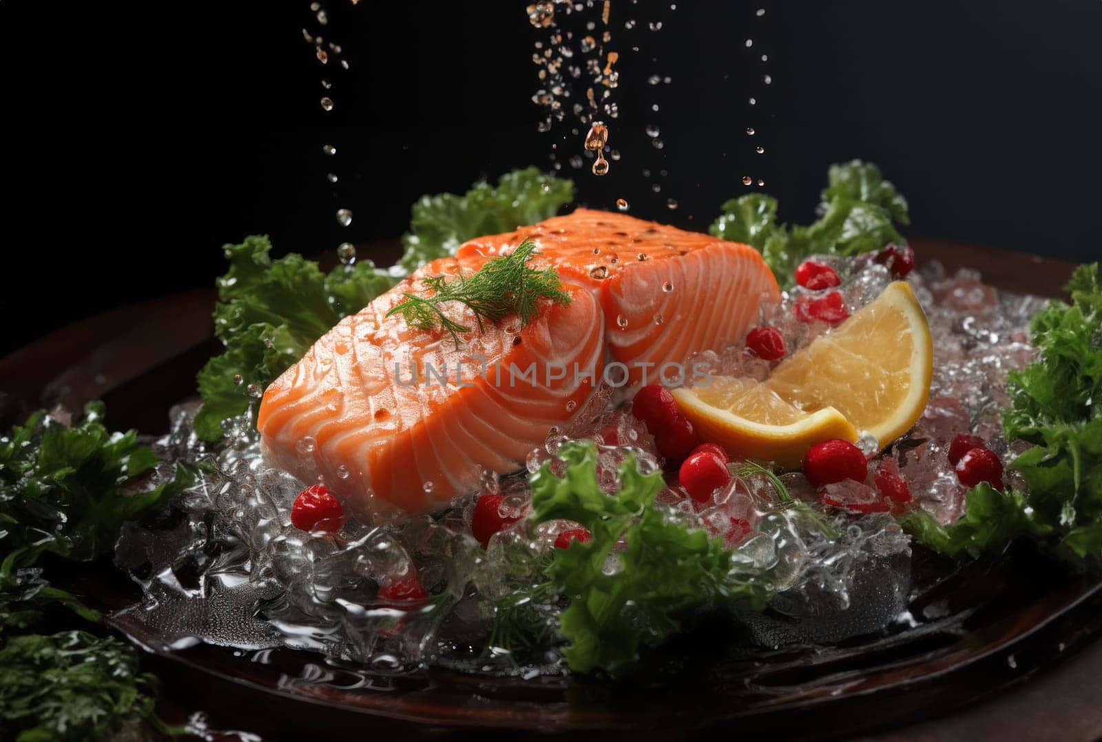 red fish fillet among pieces of ice with cranberries, lemon and herbs, product freshness and high quality.
