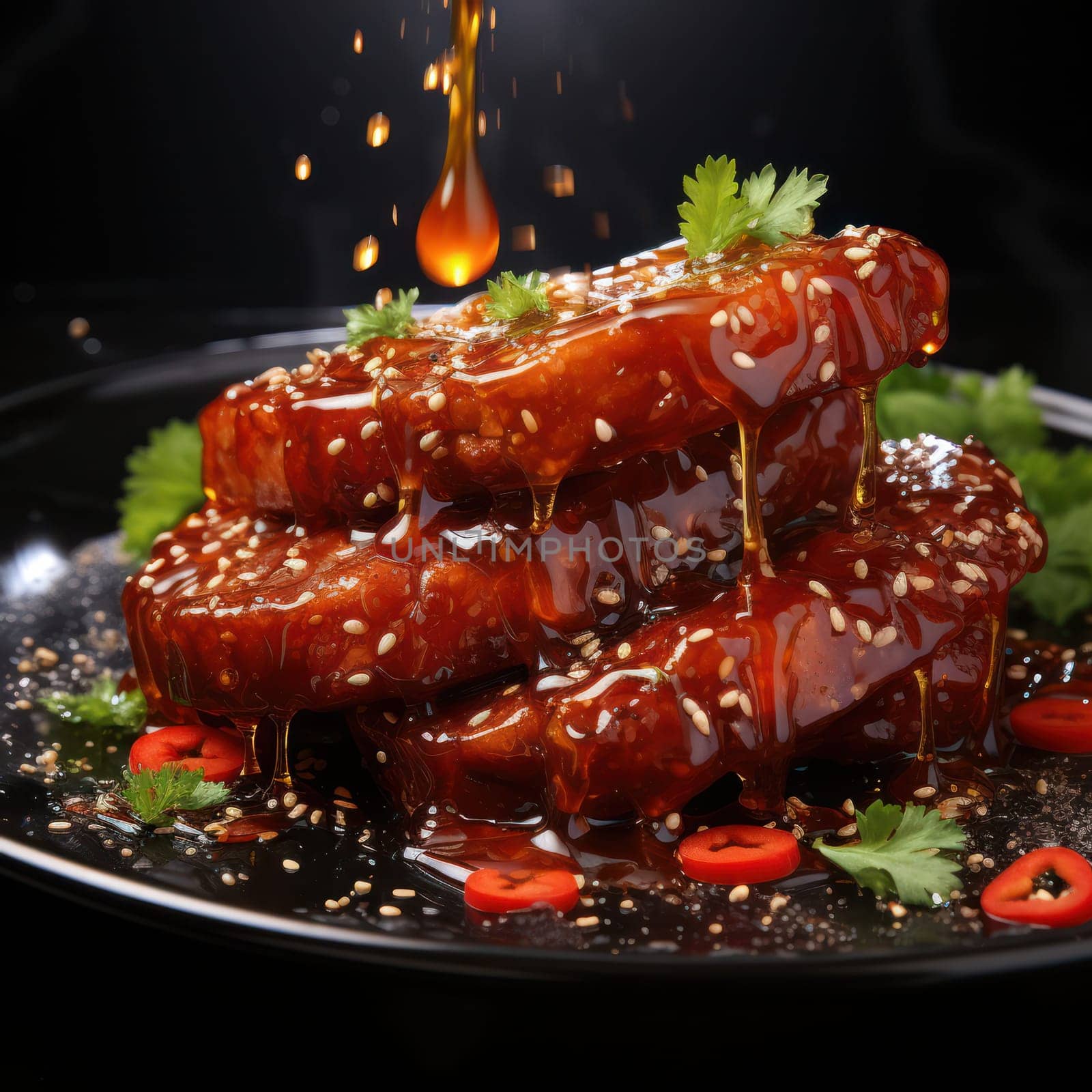 pieces of barbecue meat with caramel sauce with sesame seeds and slices of hot chili pepper and herbs on a dark background