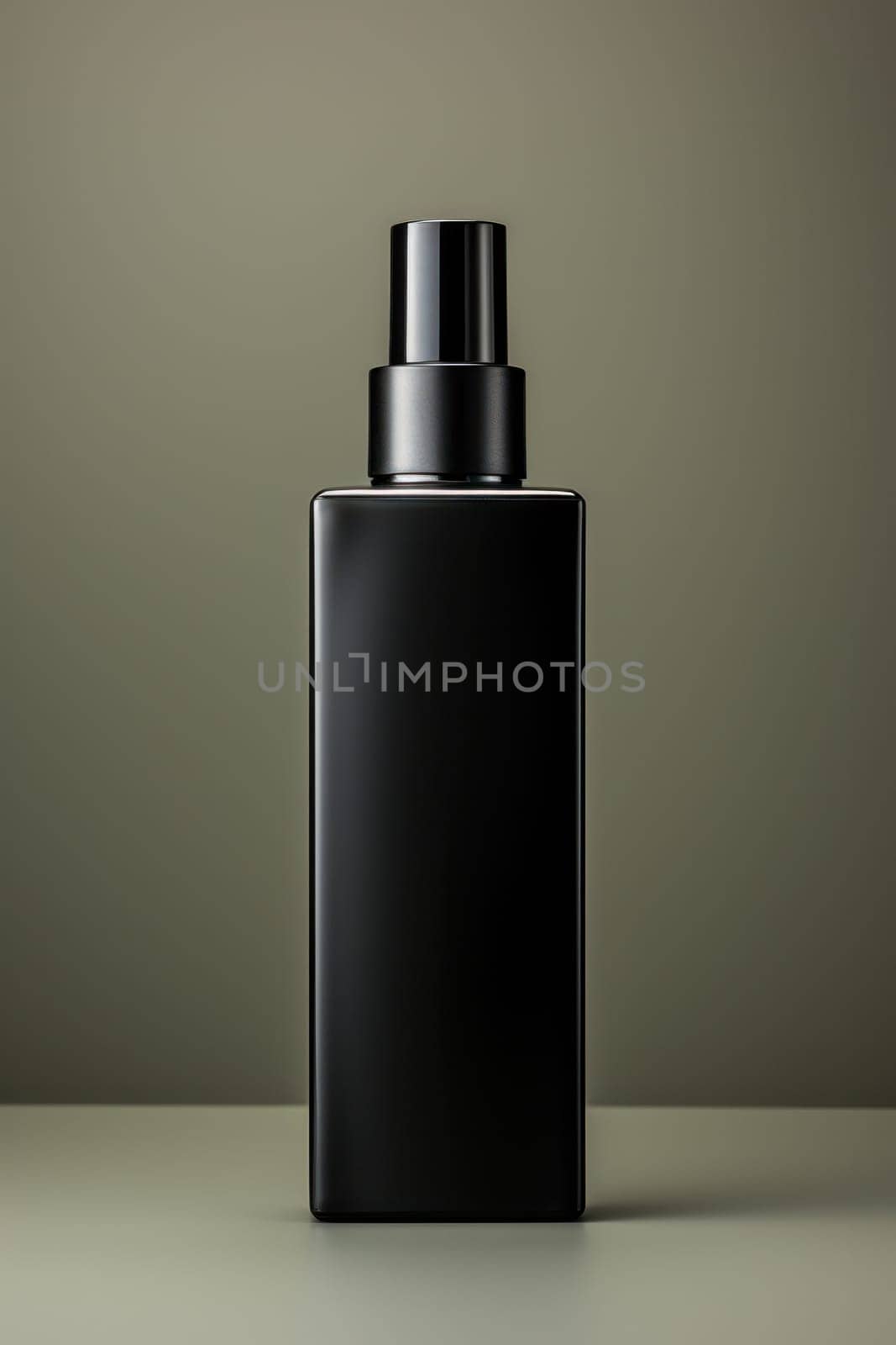 black container with a spray bottle on a dark background. strict, laconic packaging for men's cosmetics or perfumes.