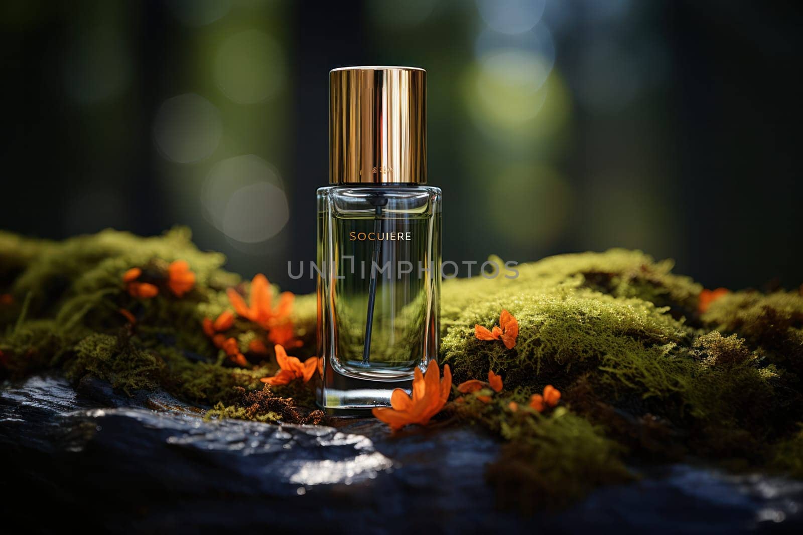 glass container mockup for cosmetics on stones background of nature and forest .with place for text