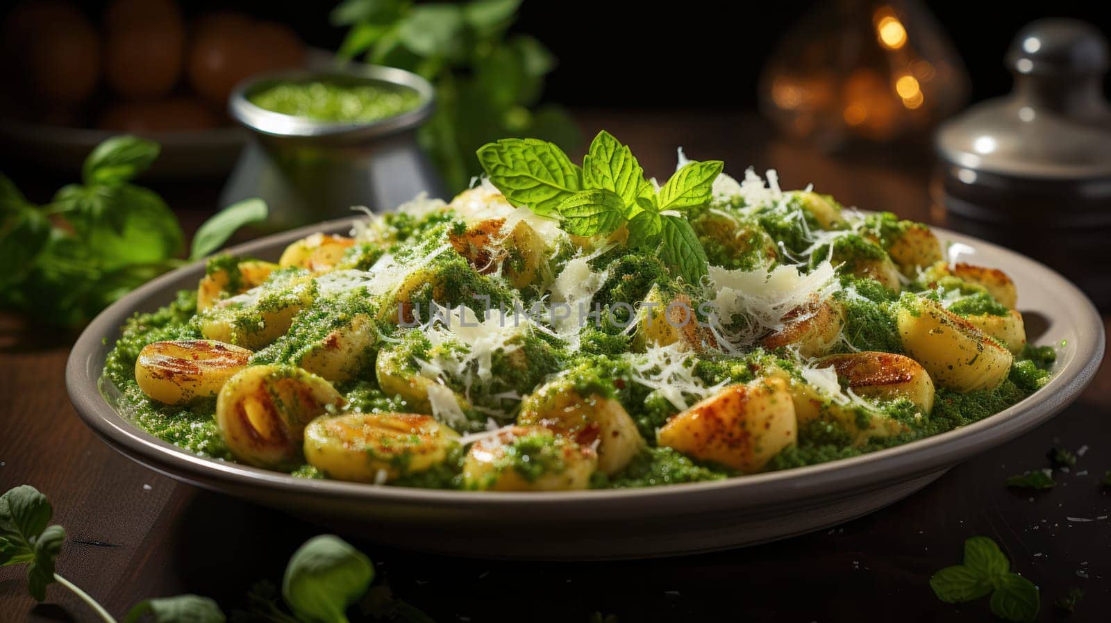 shell pasta fried with spinach and seasoned with basil and garlic and grated cheese