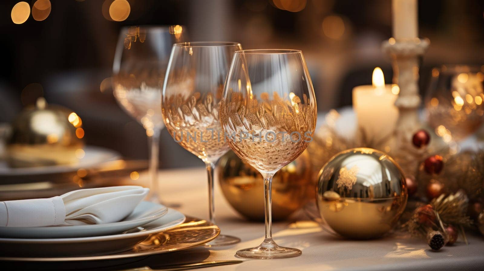 Details of the festive table decorated with candles and Christmas toys, decorated for the New Year and Christmas