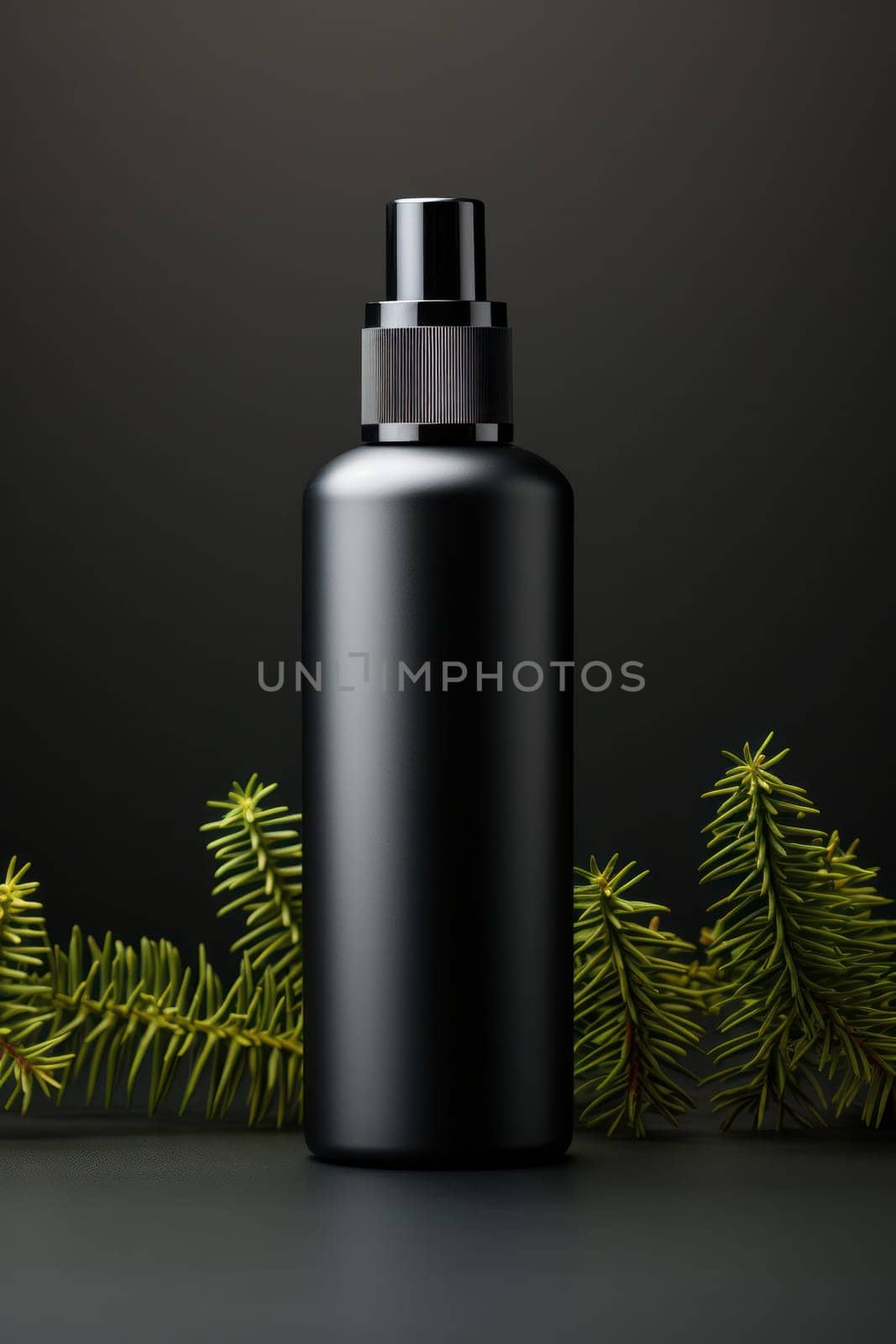 black container with a spray bottle on a dark background. strict, laconic packaging for men's cosmetics or perfumes.
