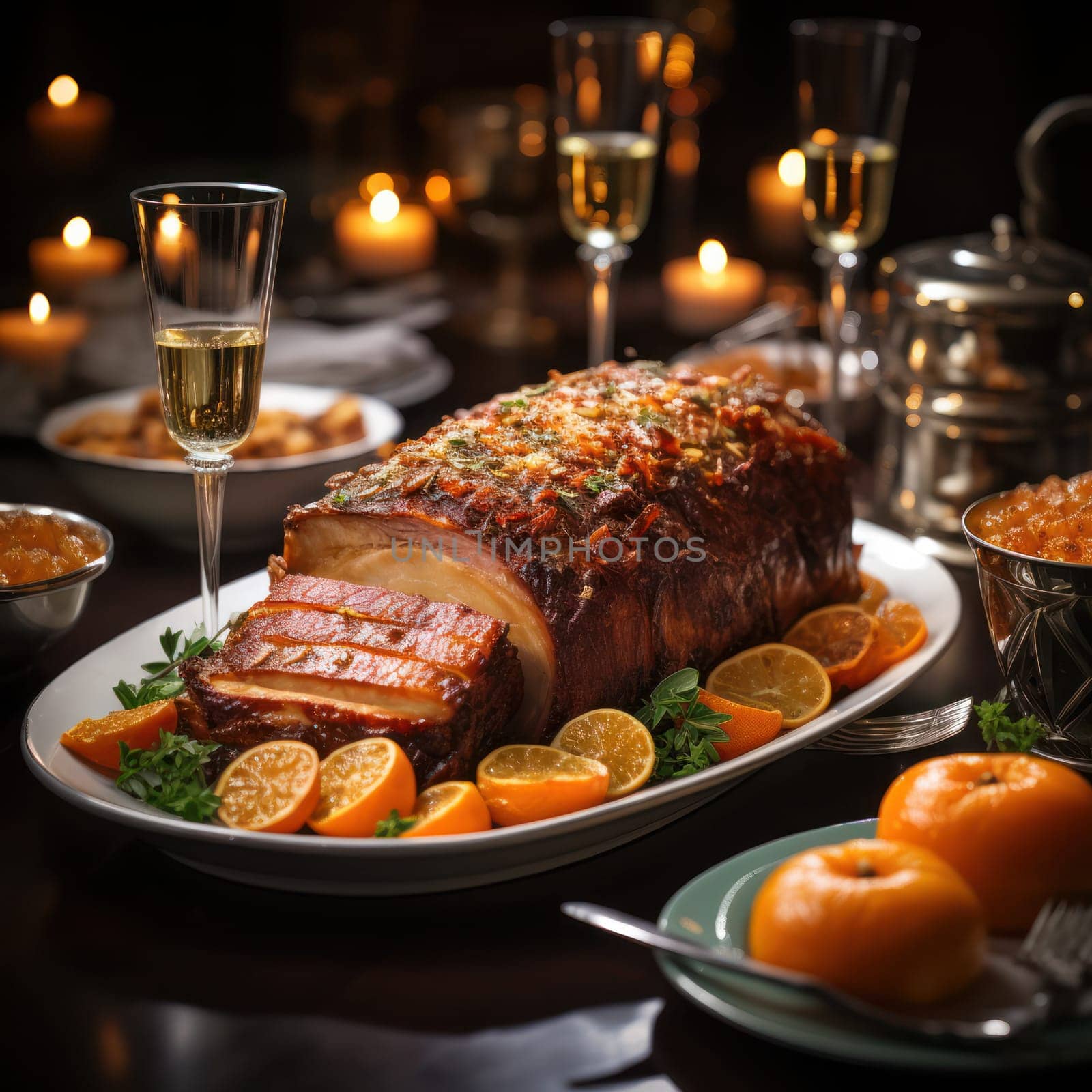 roll baked on the grill with vegetables and herbs on a platter. festive table setting against the backdrop of illumination.