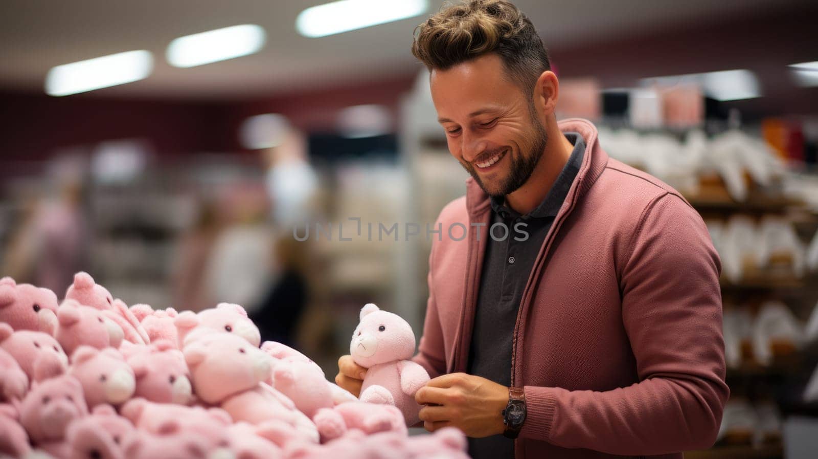 smiling happy young man holding toy soft bear in toy store.