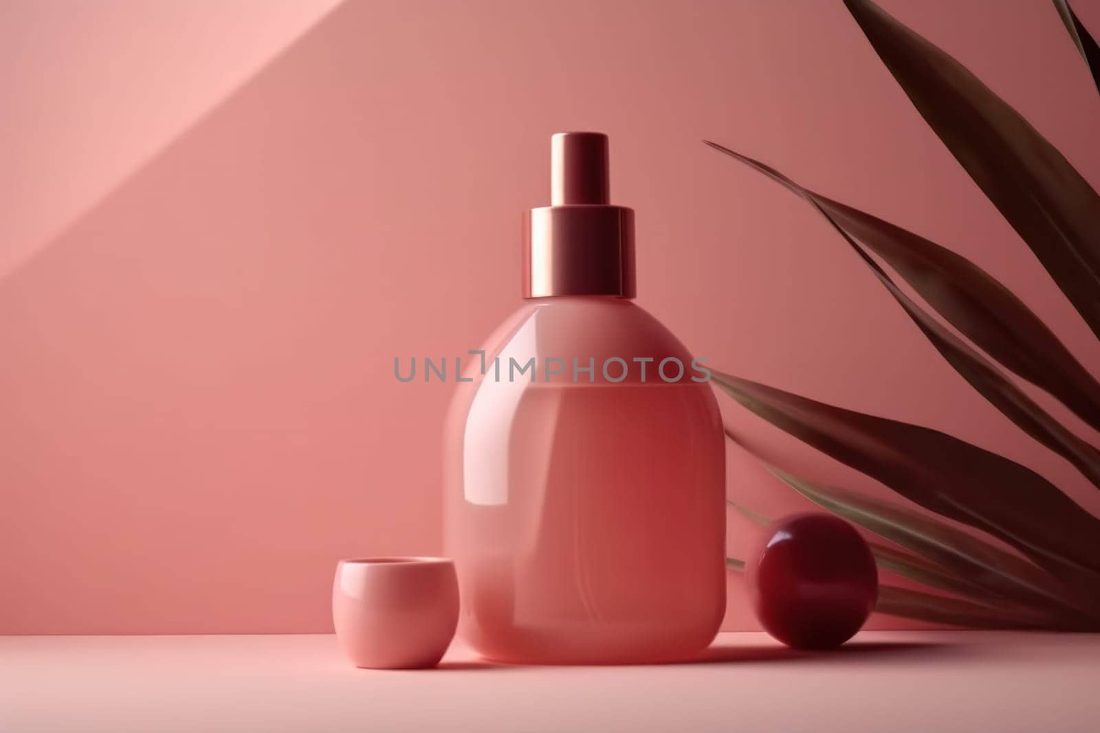 pink bottle with cosmetic or perfume products on a background of tea rose color
