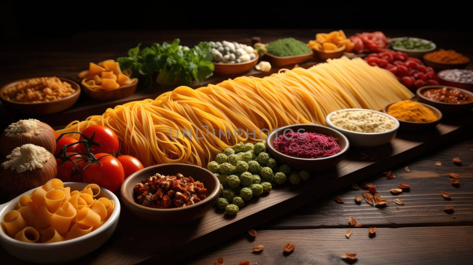 assortment of different types of pasta with spices on the table.