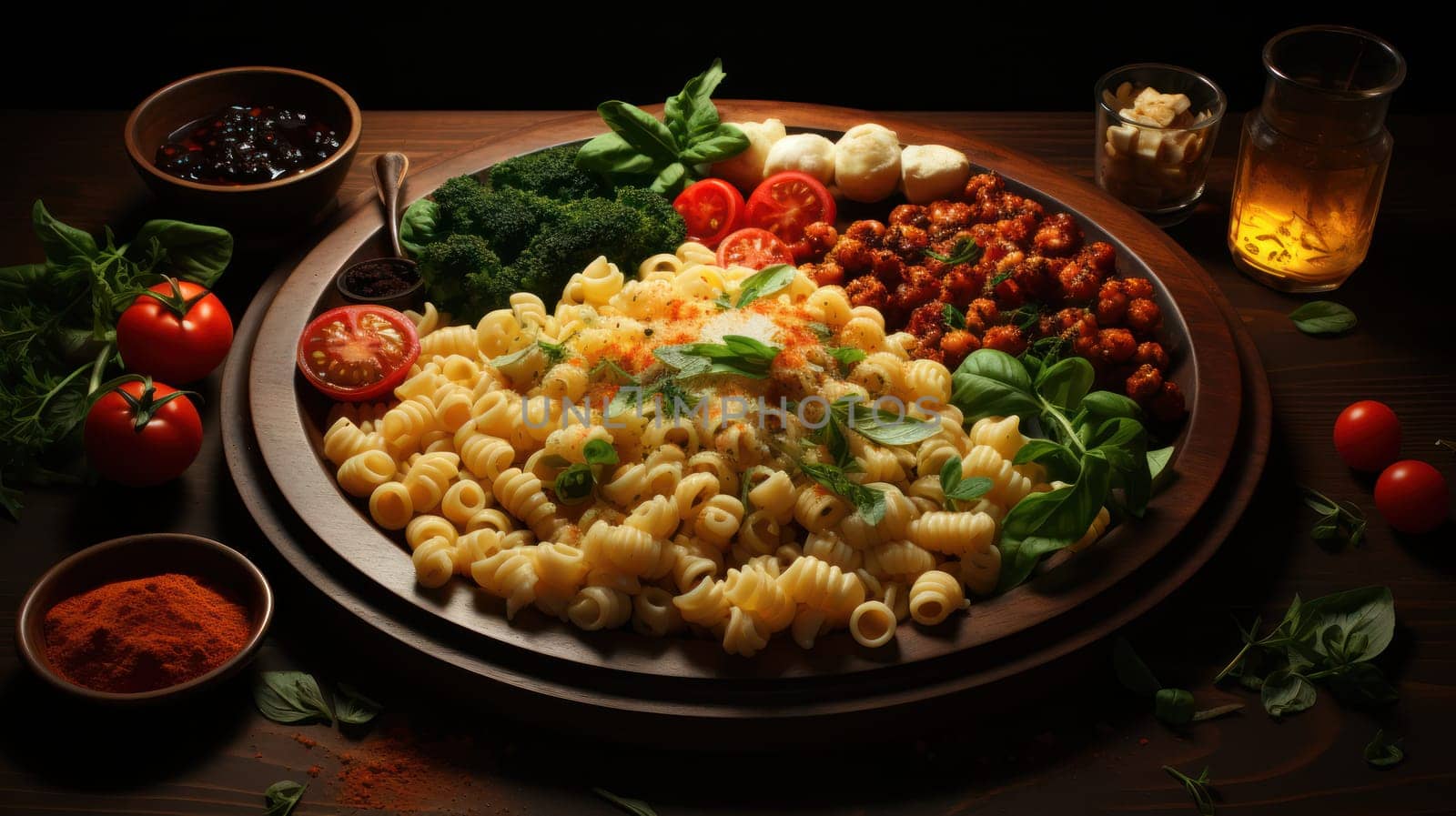 assortment of different types of pasta with spices on the table.