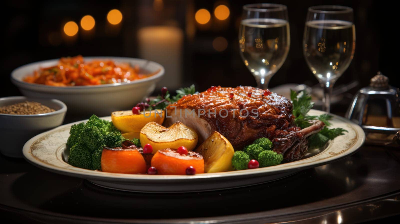 roll baked on the grill with vegetables and herbs on a platter. festive table setting against the backdrop of illumination.