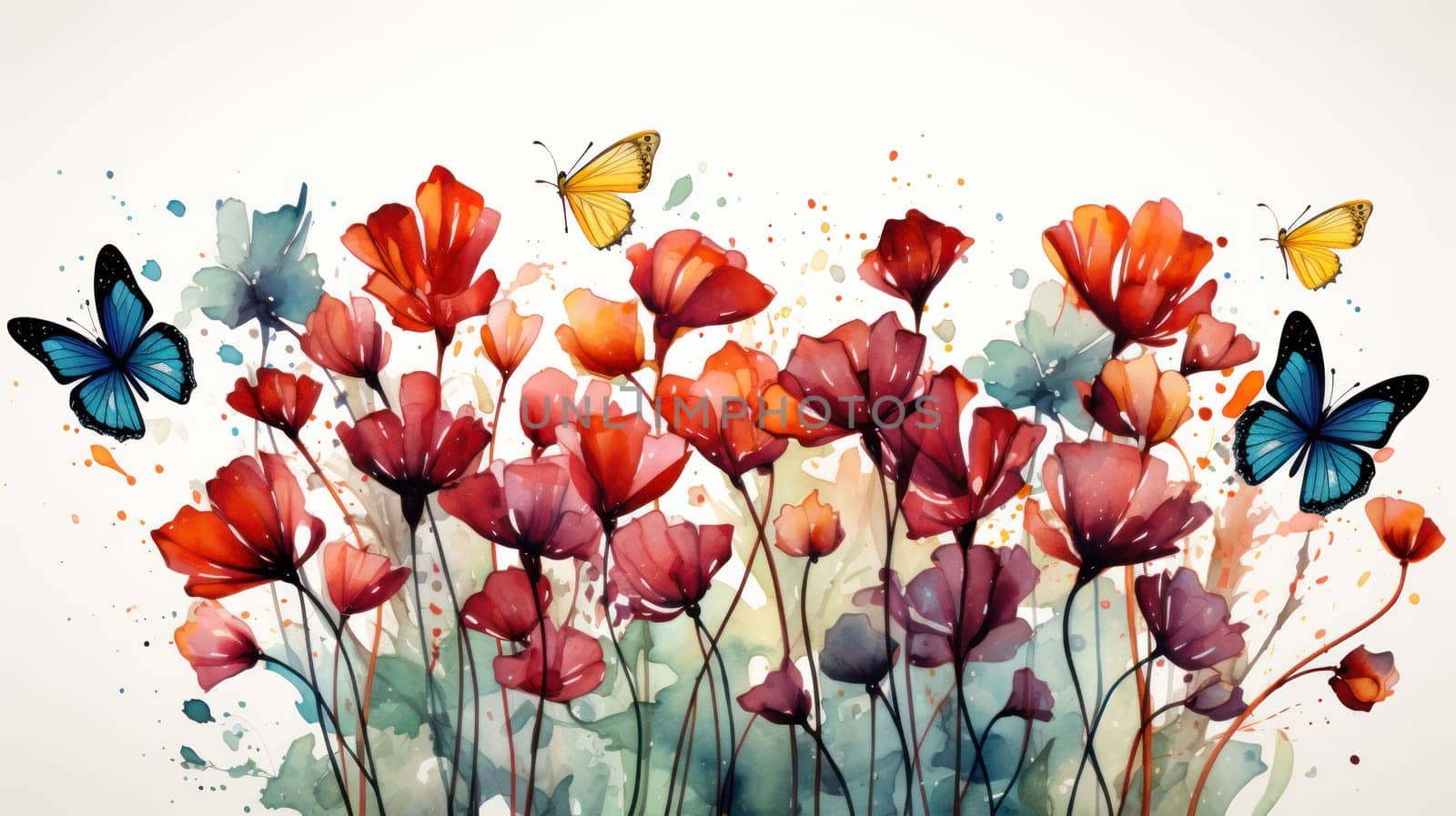 summer background of flowers with butterflies on a white background. watercolor landscape, fine art, field of flowers, panorama.