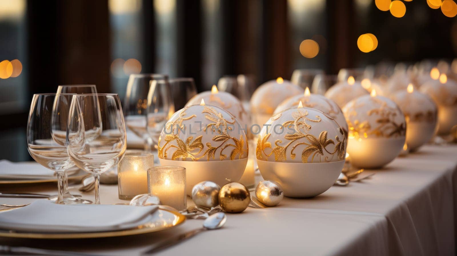 Details of the festive table decorated with candles and Christmas toys, decorated for the New Year and Christmas