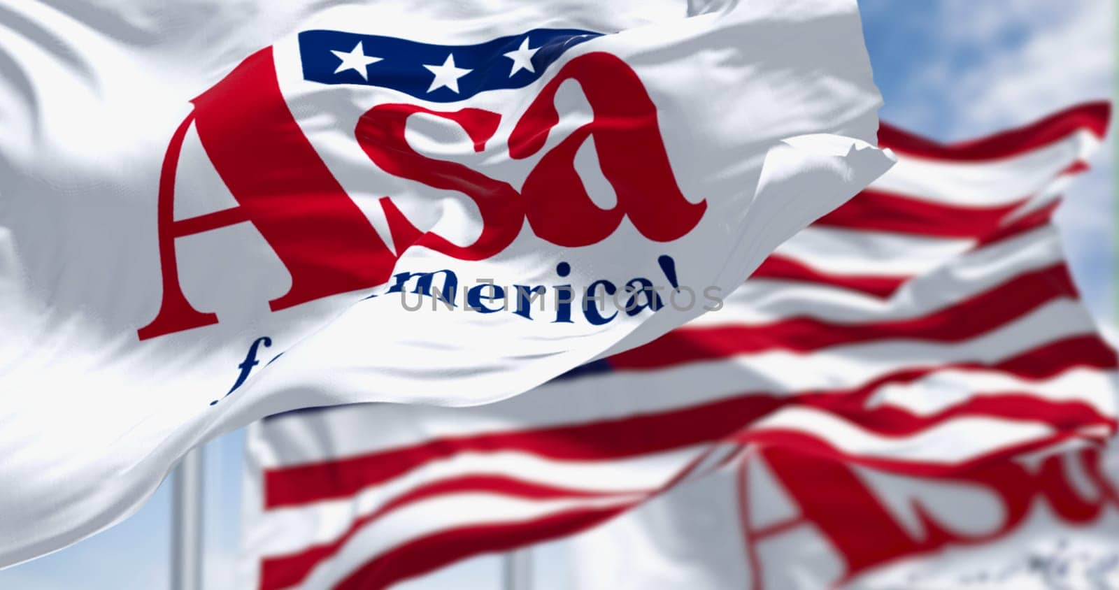 Bentonville, US, June 20 2023: Asa Hutchinson 2024 presidential campaign flag waving with American flag. Illustrative editorial 3d illustration render. 2024 US presidential election