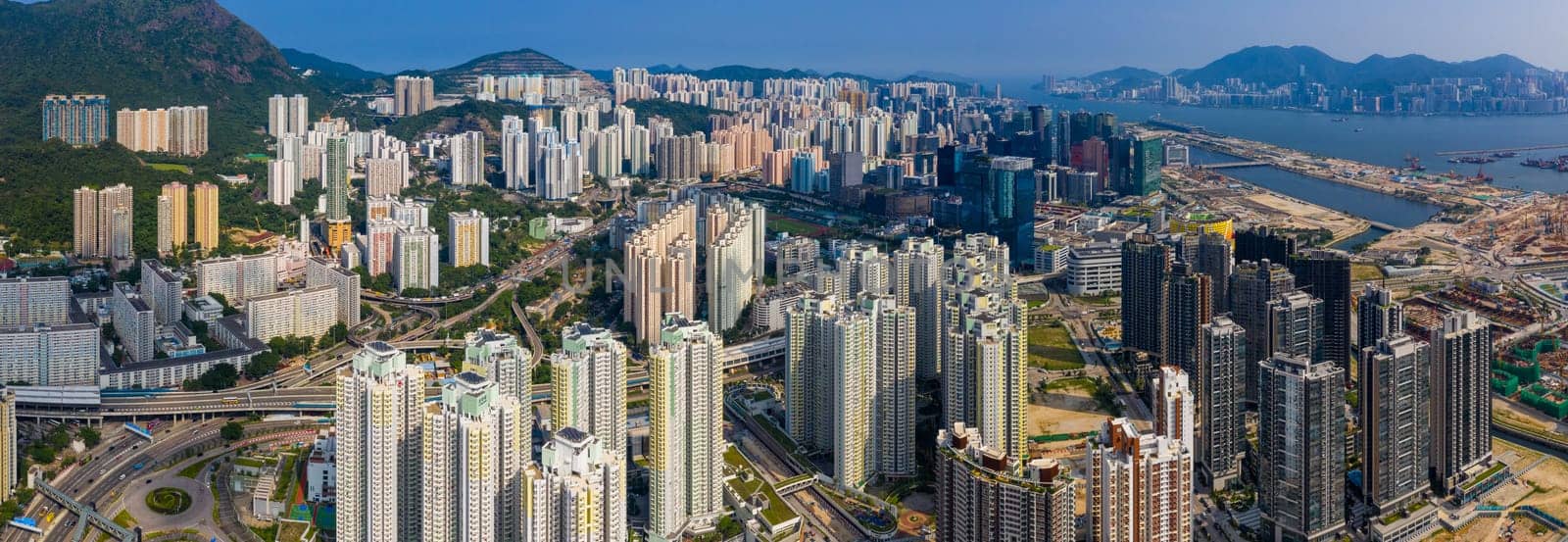 Kai Tak, Hong Kong 03 September 2019: Aerial view of Hong Kong city