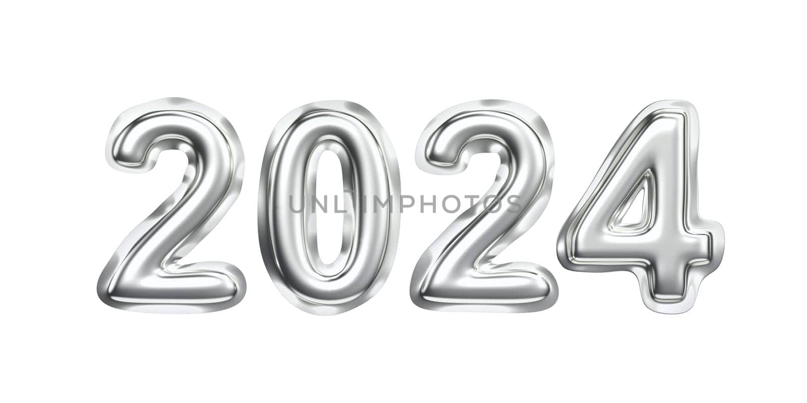 Happy New Year 2024. Concept image with silver balloons, front view.